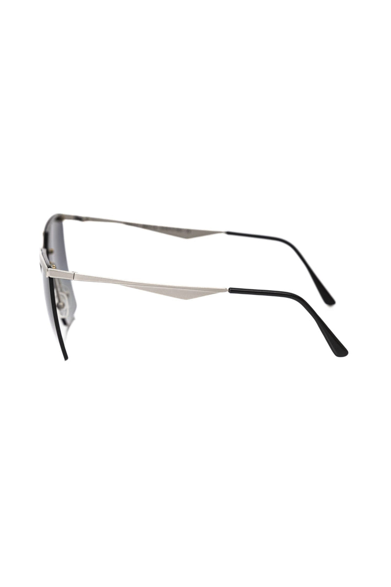 Silver metallic sunglasses with thin metal frames and dark lenses seen from the side