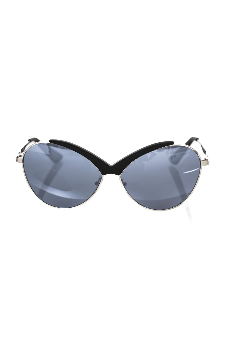 Black metallic women sunglasses with grey lenses and a unique winged frame