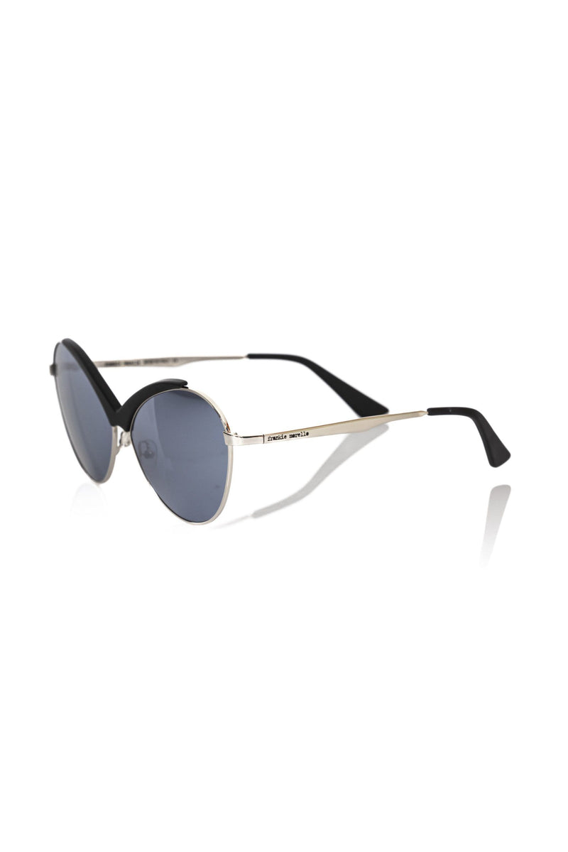 Black and silver metal sunglasses with unique geometric frames and grey lenses