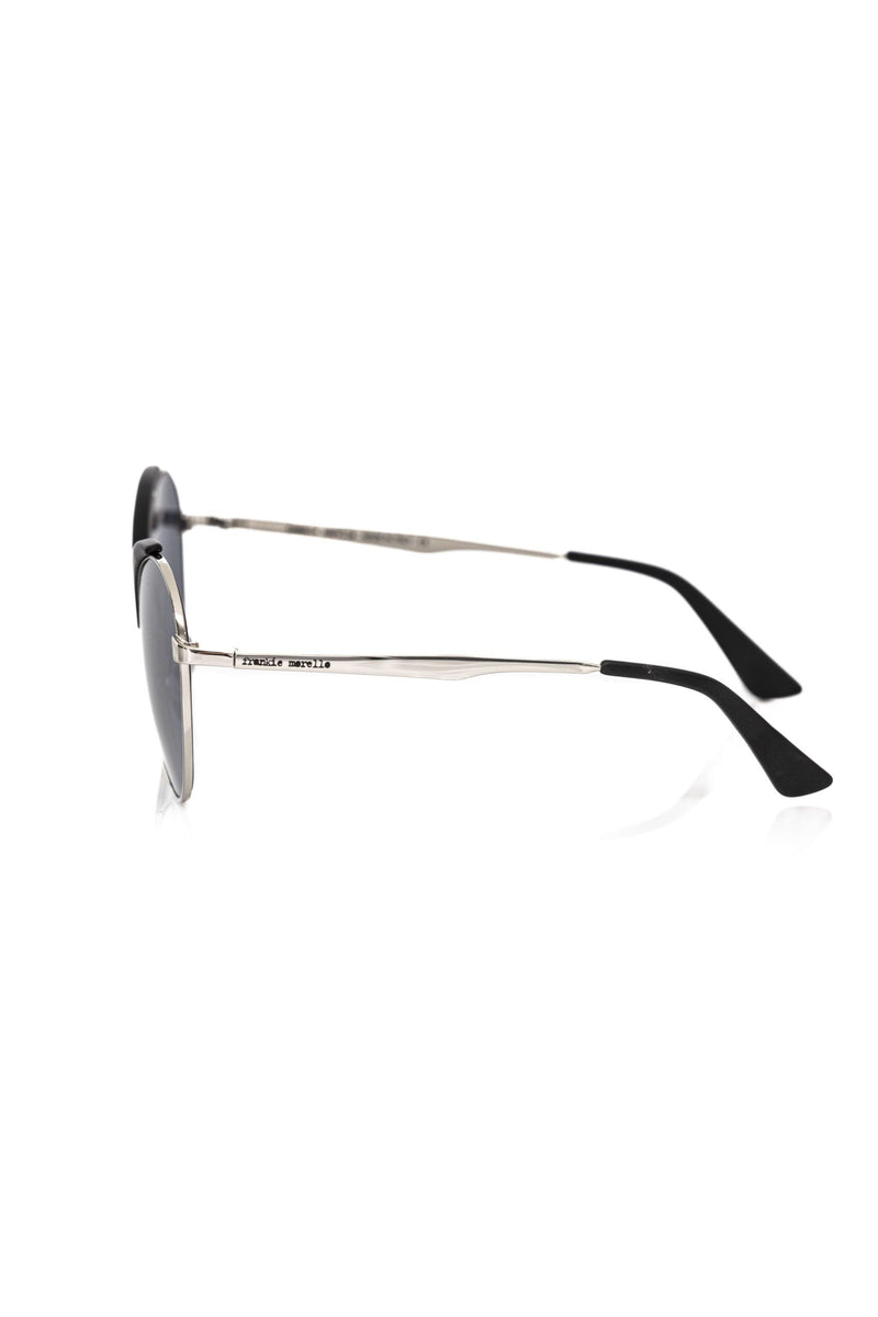 Black and silver metallic cat-eye sunglasses with dark lenses and thin metal arms