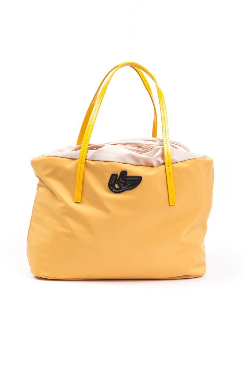 Yellow polyester shoulder bag with dual top handles and a black logo emblem on the front