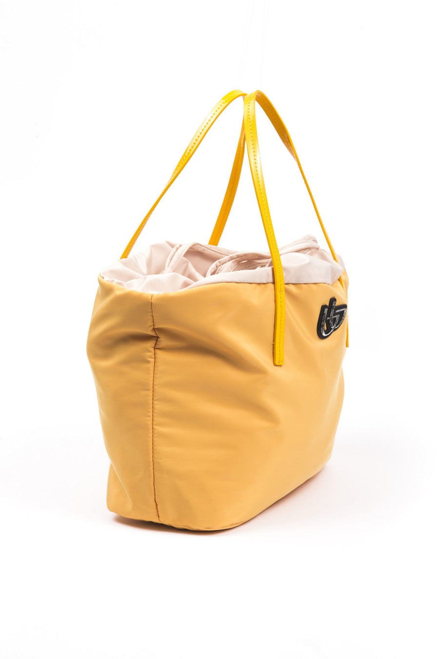 Yellow polyester shoulder bag with dual top handles and a black logo emblem on the front