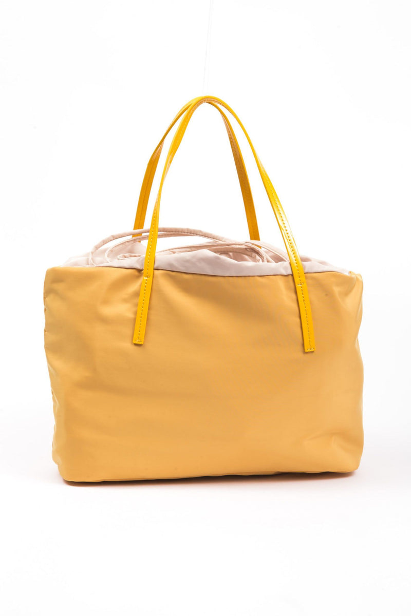 Bright yellow polyester shoulder bag with twin handles and a drawstring inner lining