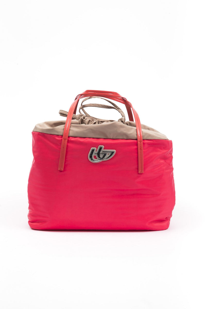 Red polyester shoulder bag with top handles, beige drawstring closure, and a silver logo on the front