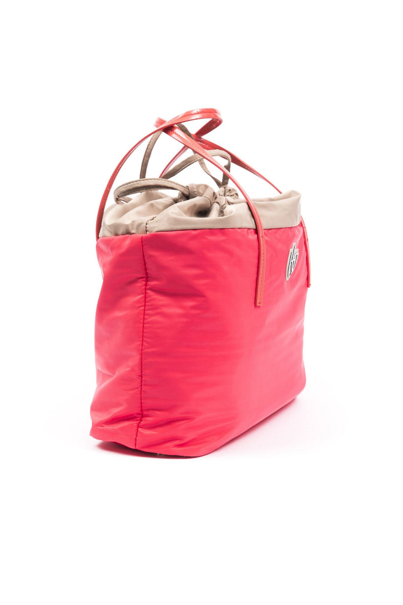Red polyester women's shoulder bag with dual straps and a tan drawstring closure