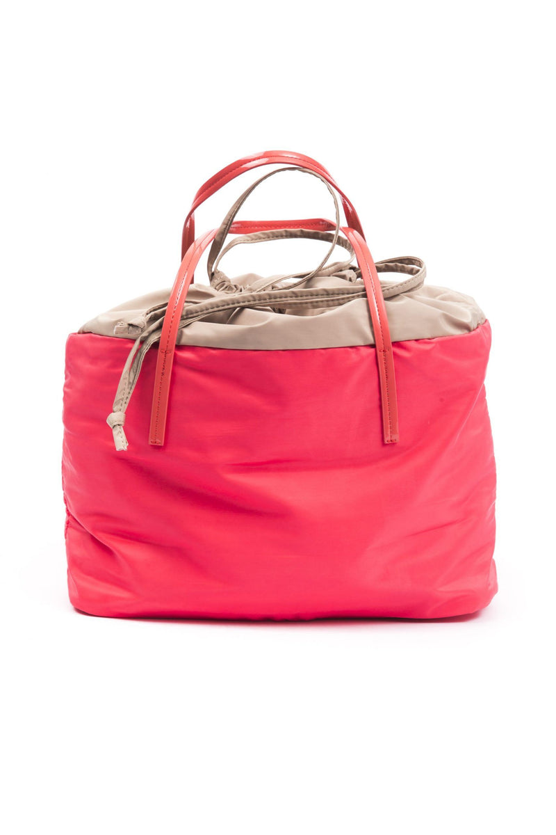 Red and beige polyester shoulder bag with glossy red straps