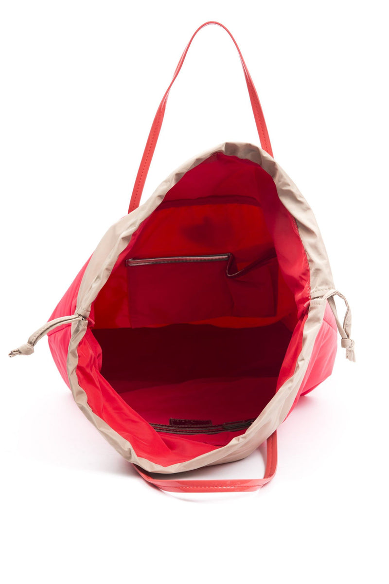 Red polyester shoulder bag with beige trim, shown open from above to reveal the interior pocket