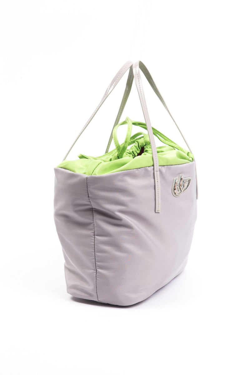 Gray polyester women shoulder bag with double top handles and lime green lining