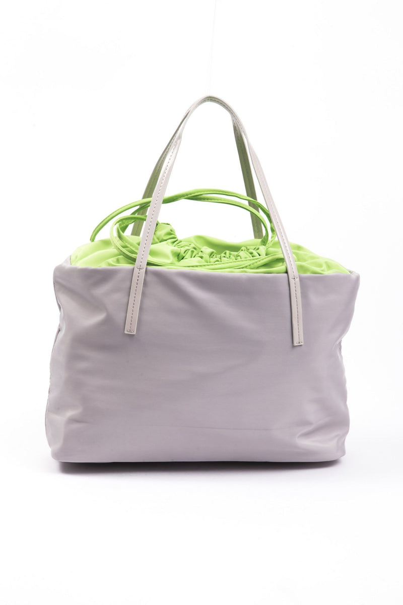 Gray polyester shoulder bag with dual top handles and a bright green drawstring inner lining