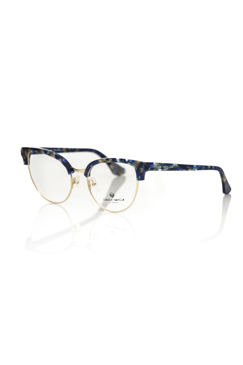 Blue and gold cat-eye eyeglasses with a tortoiseshell pattern and thin metal frames