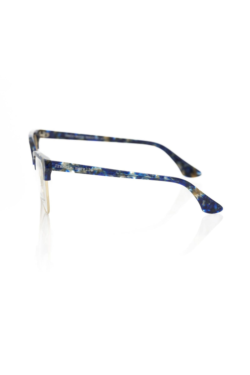 Blue tortoiseshell and metallic glasses frame shown in profile