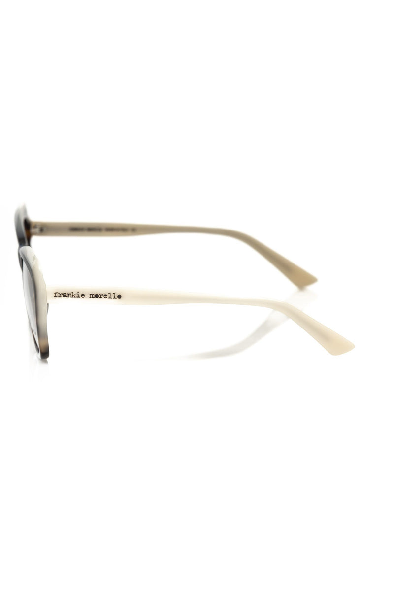 Side view of Frankie Morello multicolor acetate women's eyeglass frame with beige temples