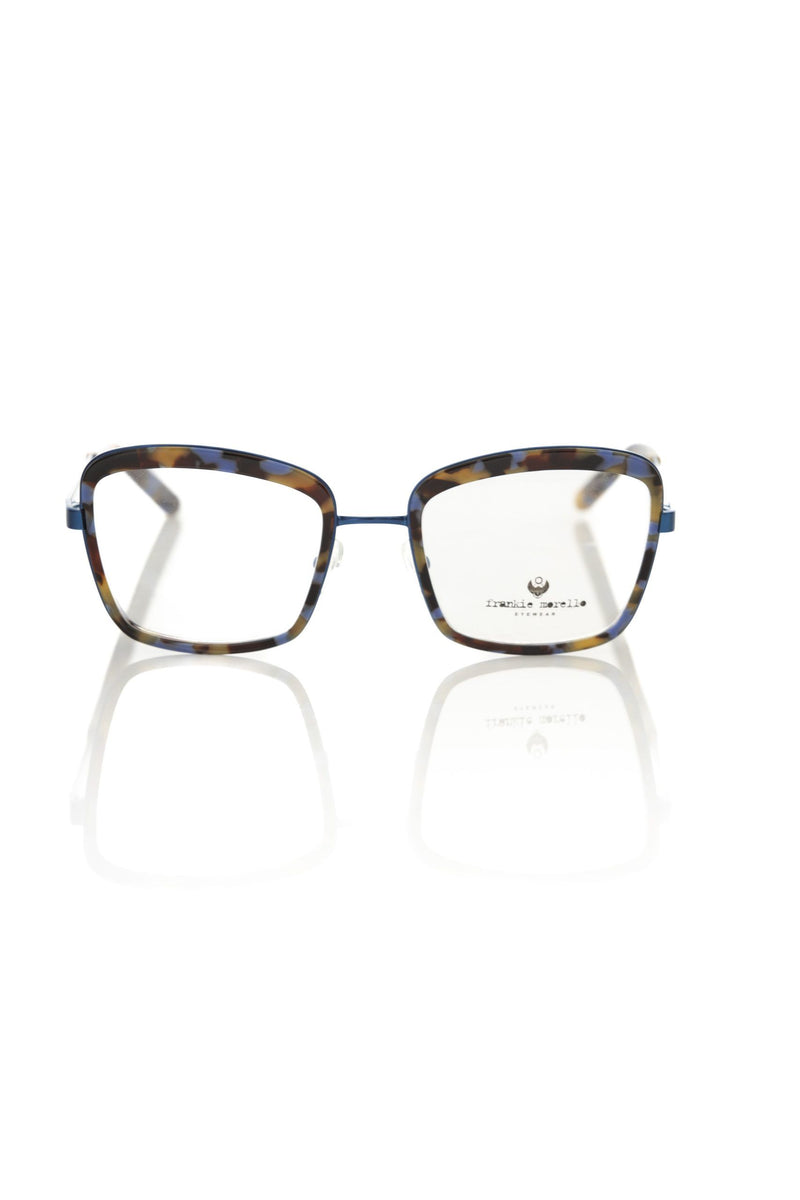 Blue and brown tortoiseshell metal eyeglass frames with full rims