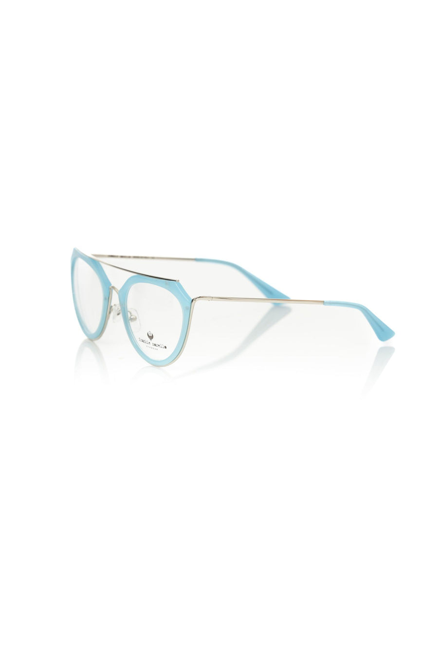 Light blue and silver acetate women eyeglasses with a modern cat-eye frame design