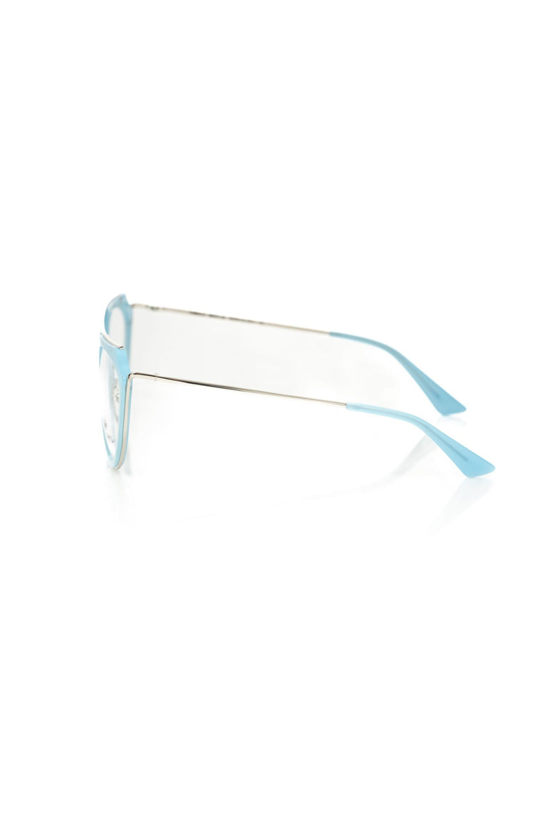Light blue acetate and metal women's eyeglasses frame in a side view