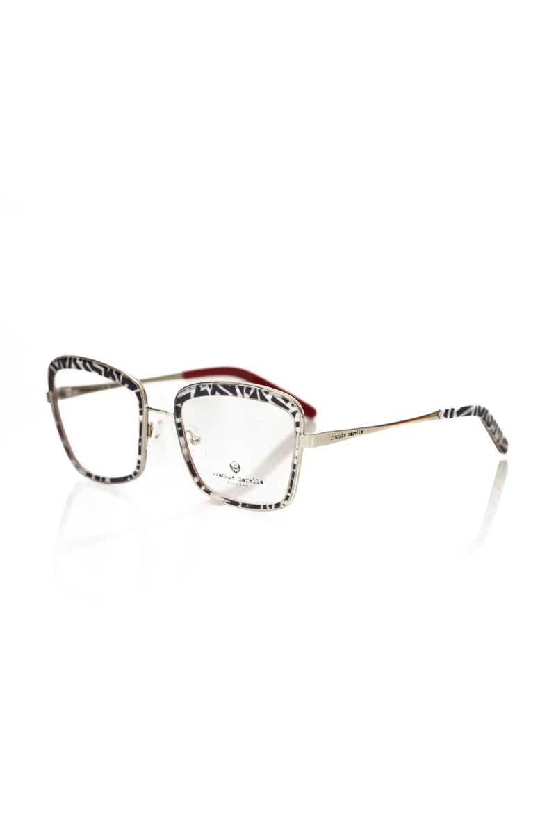 Frankie Morello square metal eyeglasses with zebra print rims and red temple tips