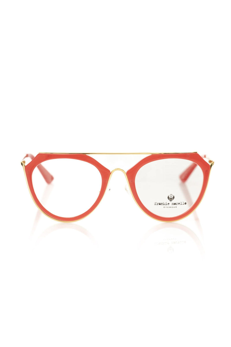 Red acetate and gold-tone metal aviator eyeglasses with clear lenses