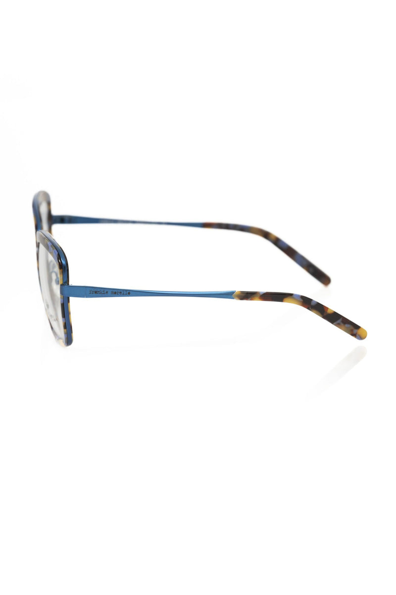 Frankie Morello blue metallic square eyeglass frame with tortoiseshell temples