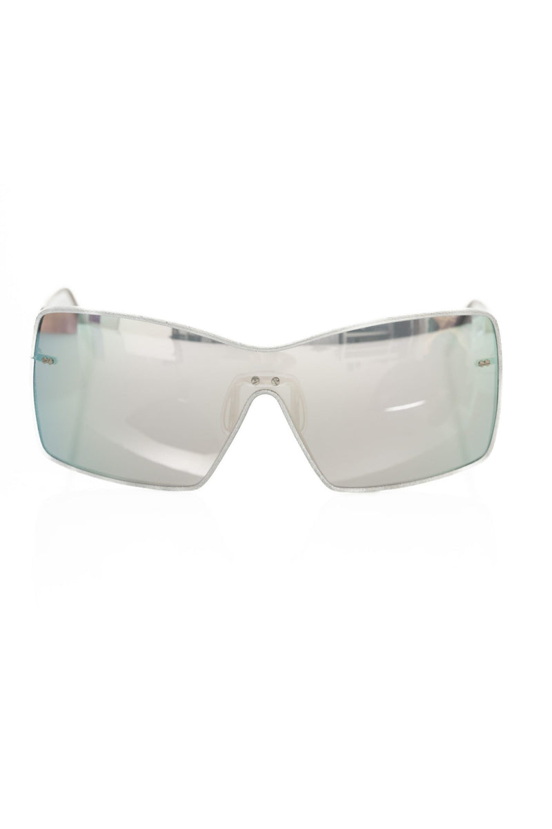 Silver metallic fiber wrap-around shield sunglasses for women