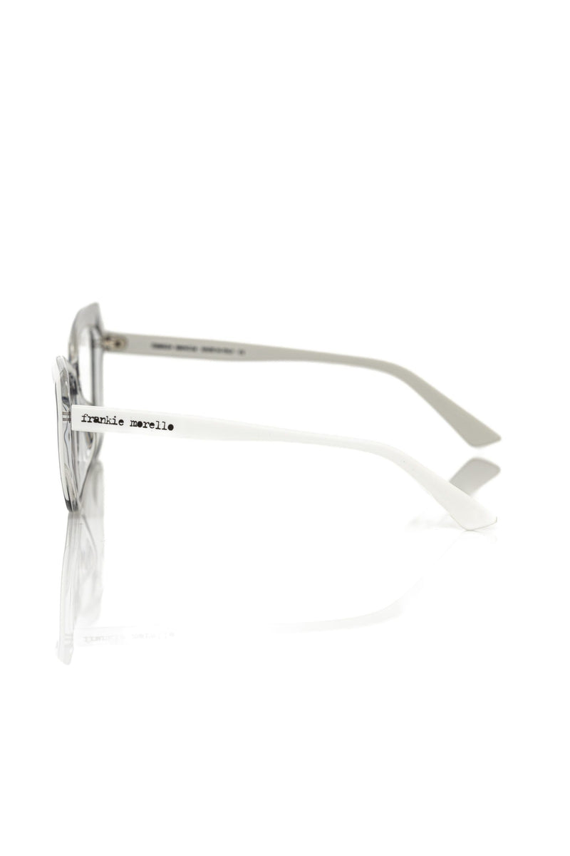Frankie Morello clear acetate geometric eyeglass frame with white temples side view