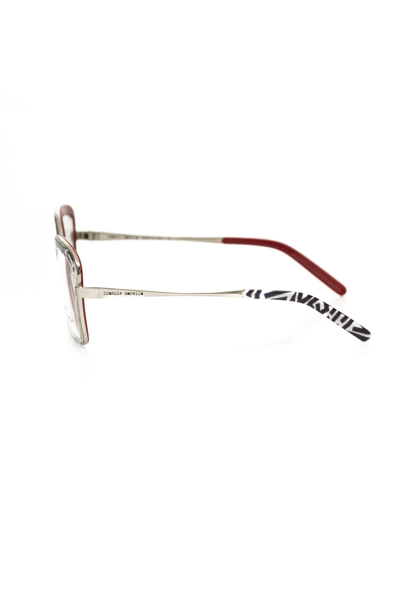 Frankie Morello multicolor metallic women's eyeglass frame with red and zebra-print temples seen from the side