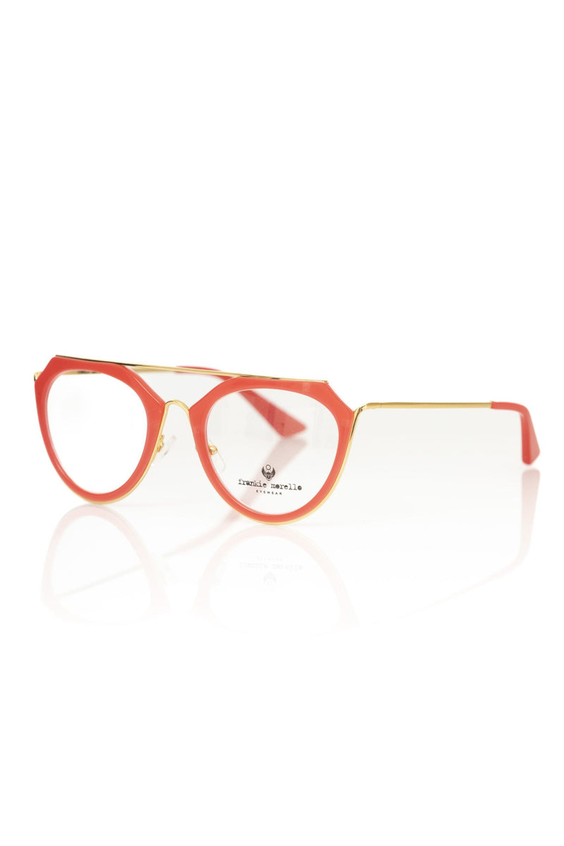 Red acetate and gold women's eyeglasses with a browline frame style