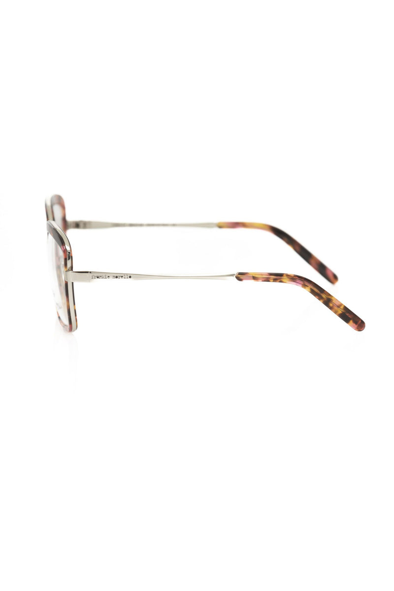 Frankie Morello red metallic square eyeglass frame with thin silver arms and tortoiseshell tips