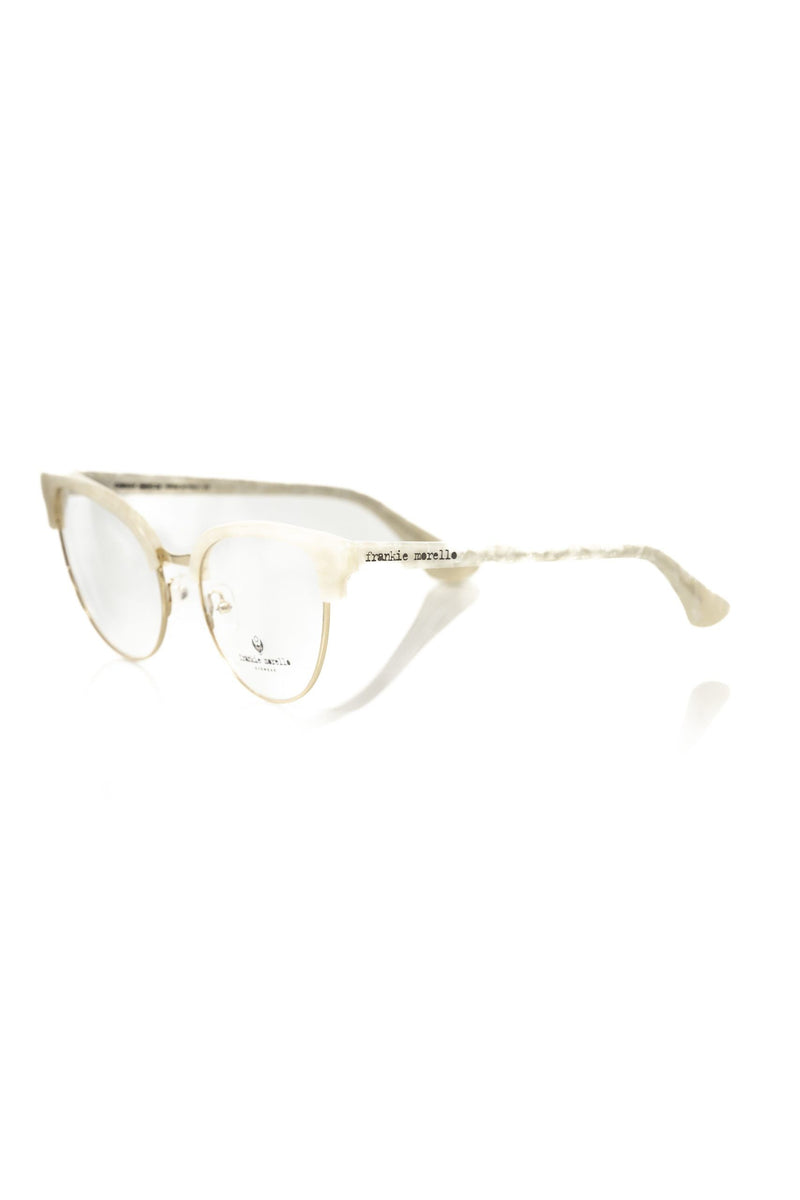 White metallic women's cat-eye eyeglasses frame with marbled temples