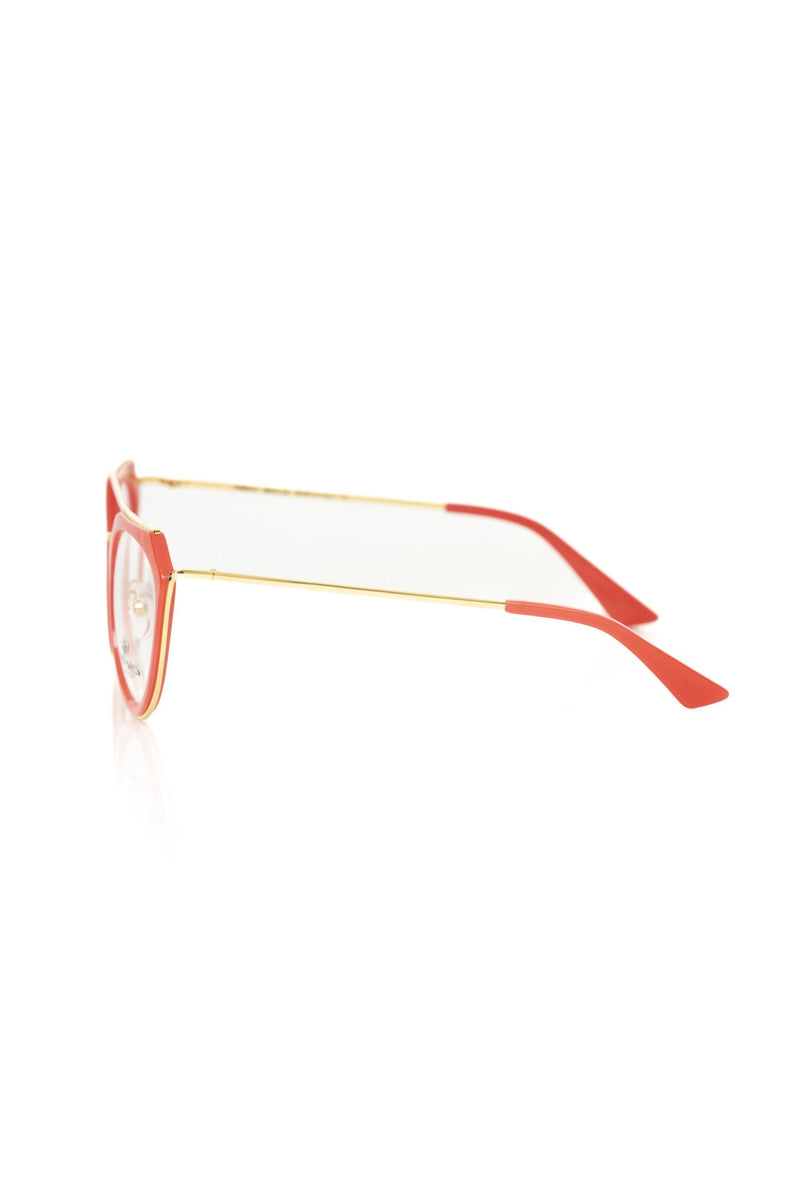 Side view of red and gold cat-eye acetate eyeglasses with thin metal temples