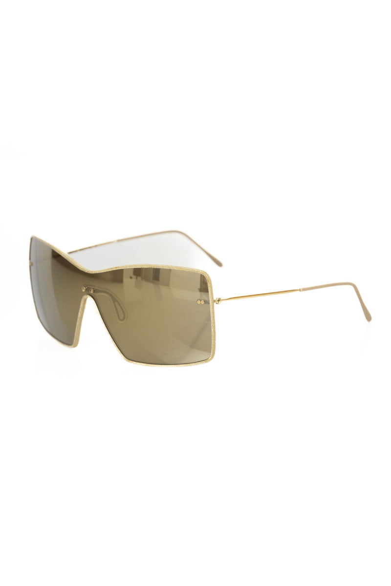 Gold metallic fiber oversized shield sunglasses with thin wire temples
