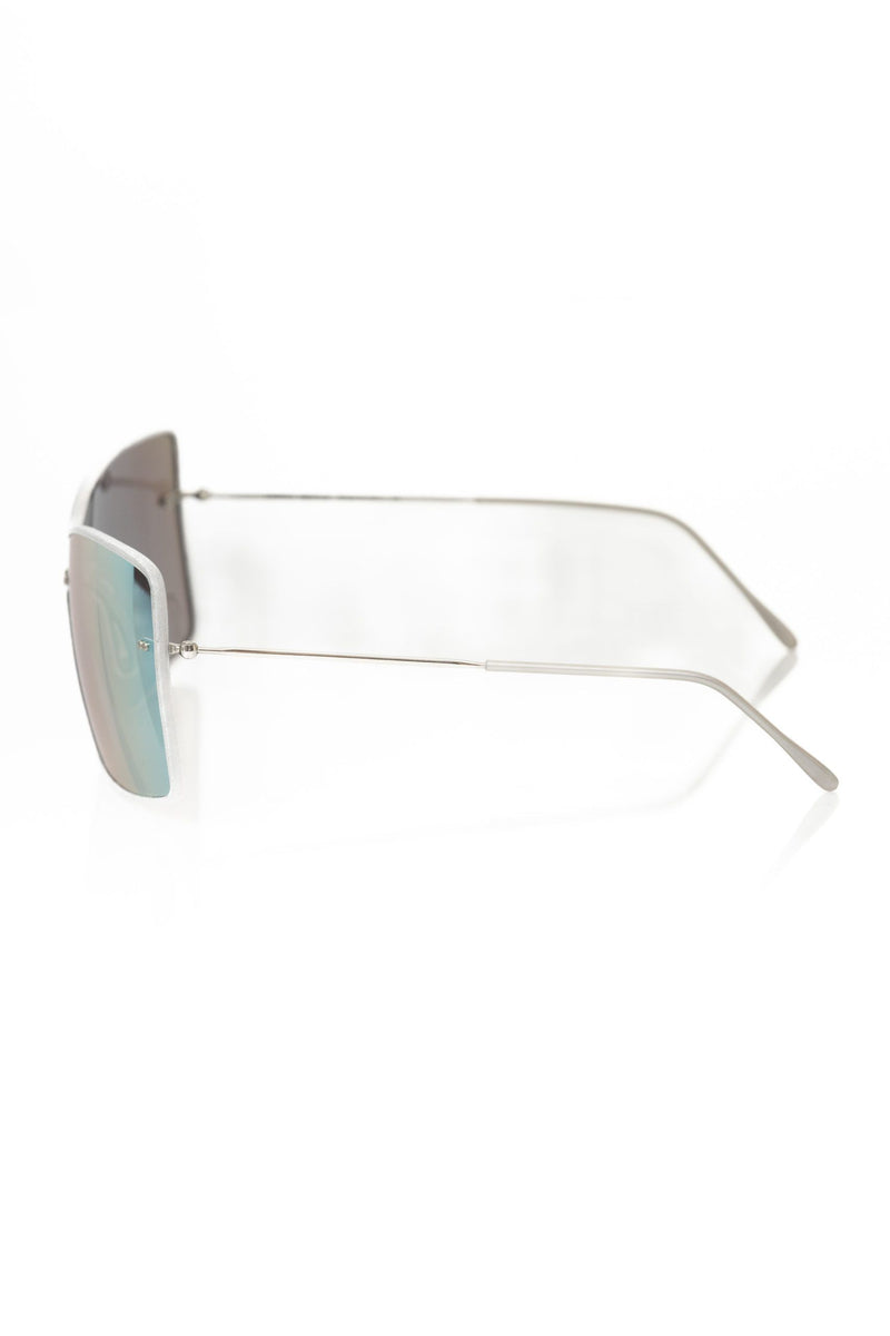 Silver metallic fiber women sunglasses with flat reflective lenses and thin wire temples shown in profile view