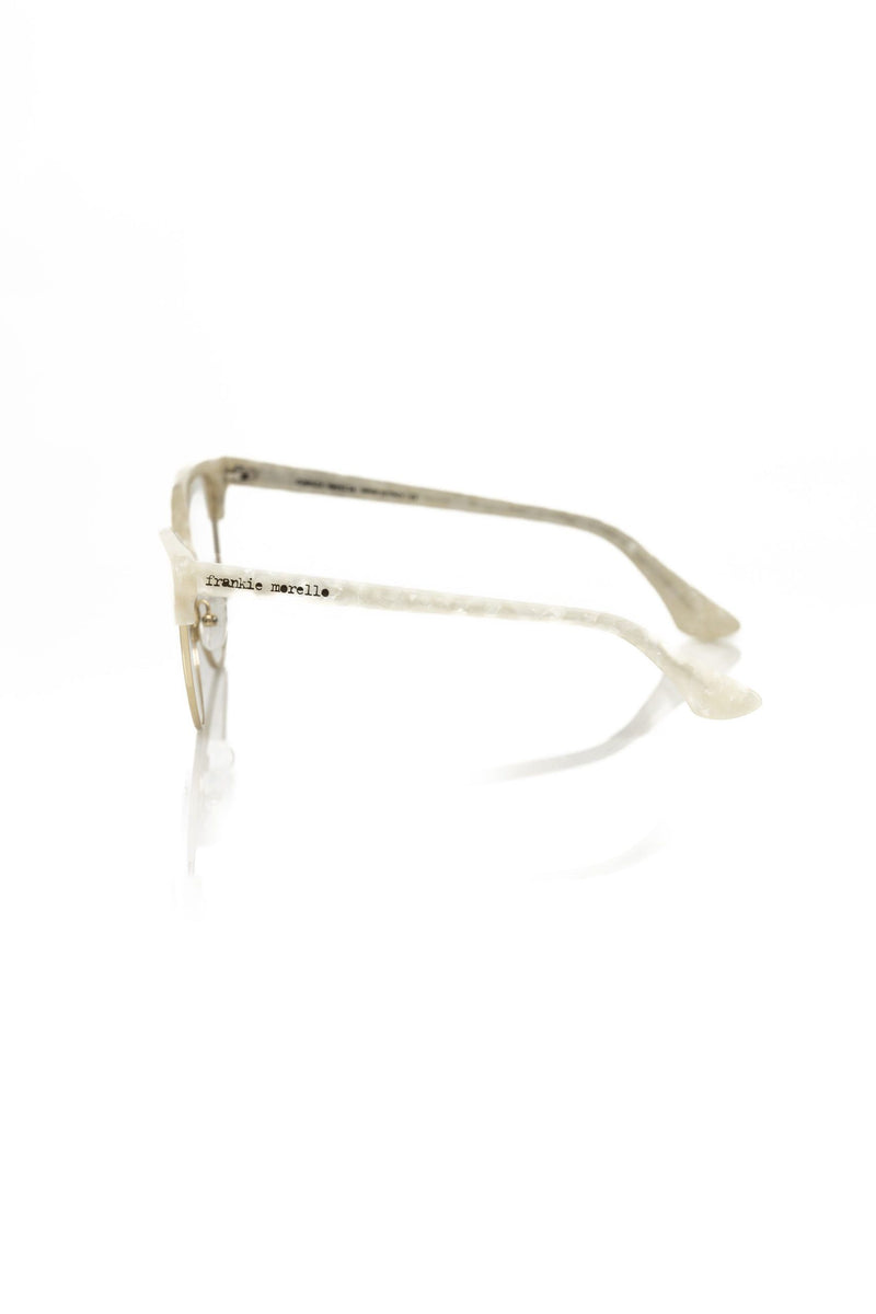 Frankie Morello white metallic women's eyeglass frame viewed from the side
