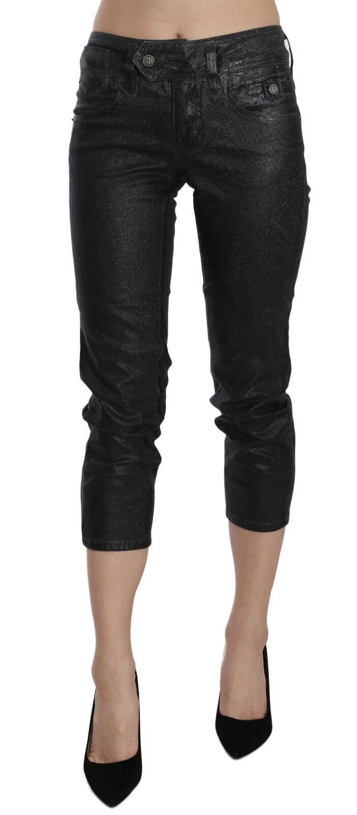 Black washed denim mid-waist slim leg cropped pants
