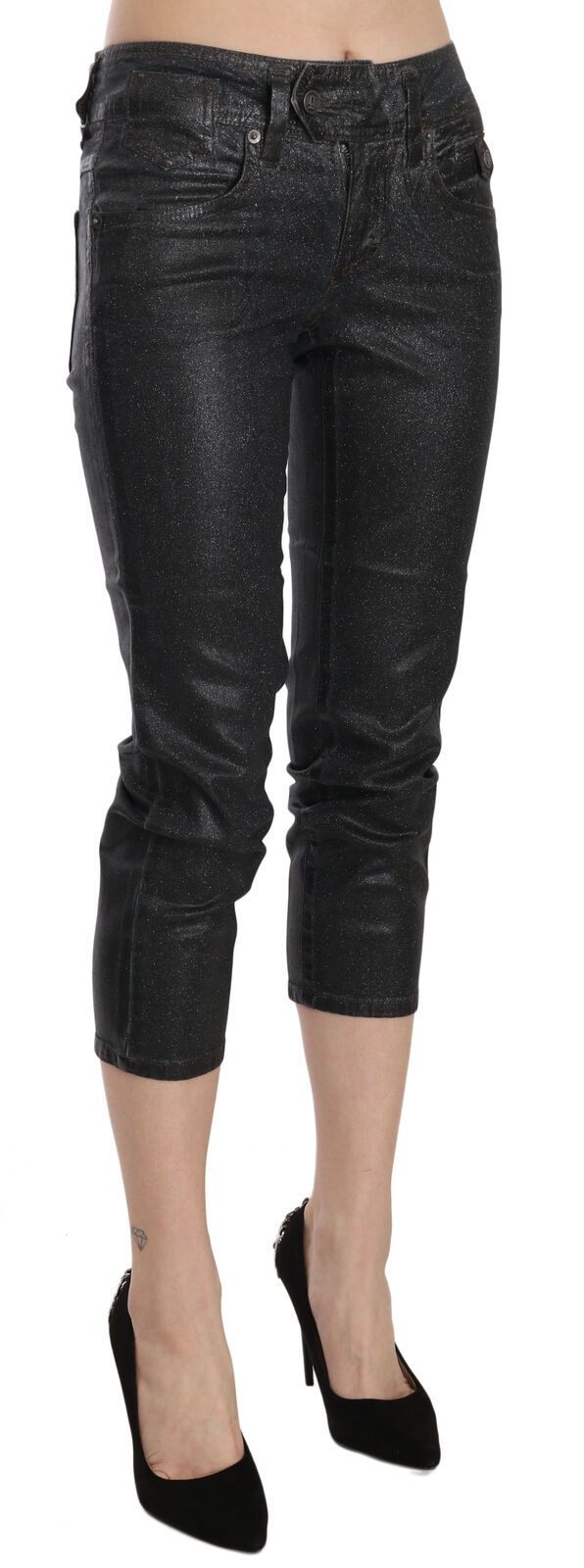 Black washed mid-waist slim-leg cropped denim pants