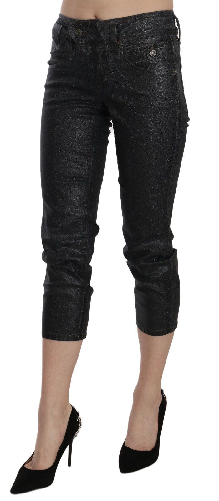Black washed mid-waist slim leg cropped denim pants