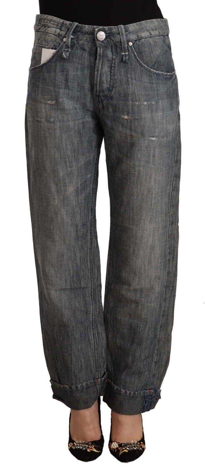 Gray washed ramie straight leg jeans with folded hems