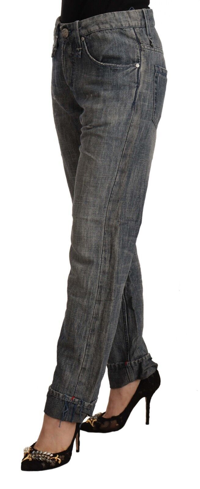 Gray washed ramie straight denim jeans with folded hem