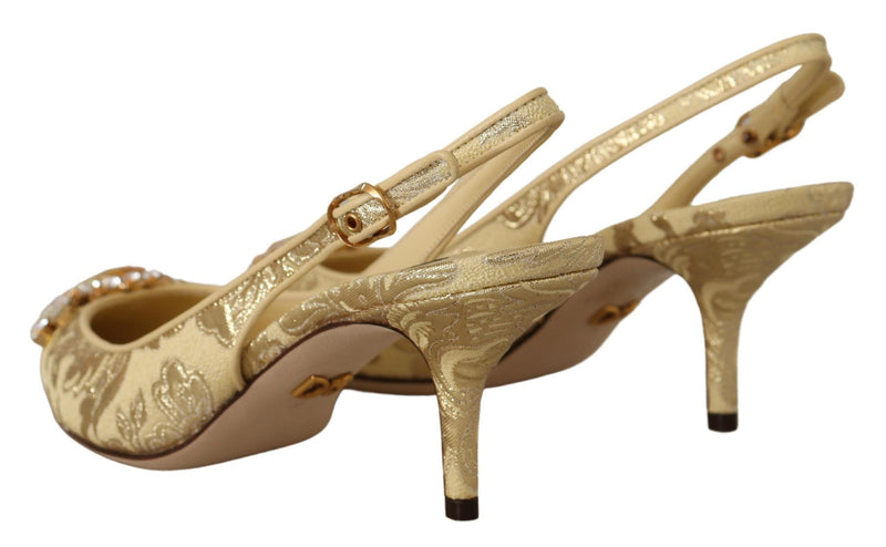 Dolce & Gabbana gold brocade fabric slingback pumps with a crystal-embellished toe and a mid-height stiletto heel.