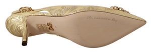 Gold floral jacquard slingback pumps with crystal embellishments and a leather sole labeled "Vero cuoio made in Italy."