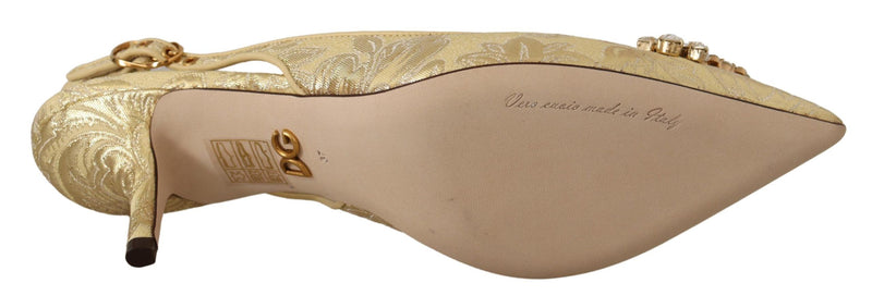 Gold floral jacquard slingback pumps with crystal embellishments and a leather sole labeled "Vero cuoio made in Italy."