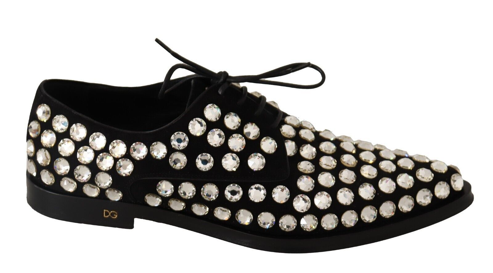 Black lace-up formal shoe in velvet-like material, fully encrusted with large, clear sparkling crystals.