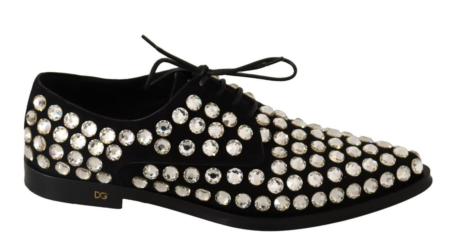 Black lace-up formal shoe in velvet-like material, fully encrusted with large, clear sparkling crystals.