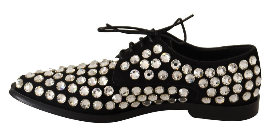 Black lace-up formal shoe in velvet-like material, fully encrusted with large, clear sparkling crystals.