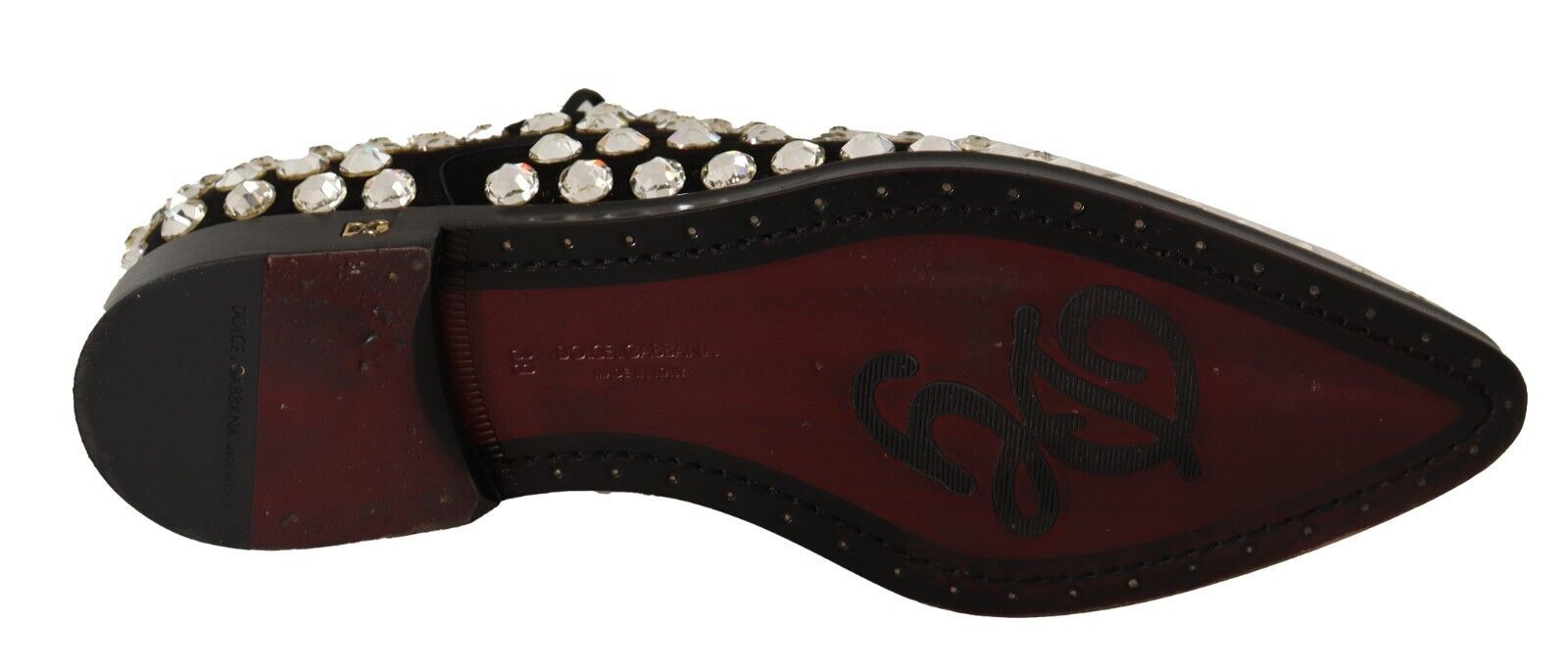Black leather formal lace-up shoe embellished with clear crystals and a maroon sole with logo detail.