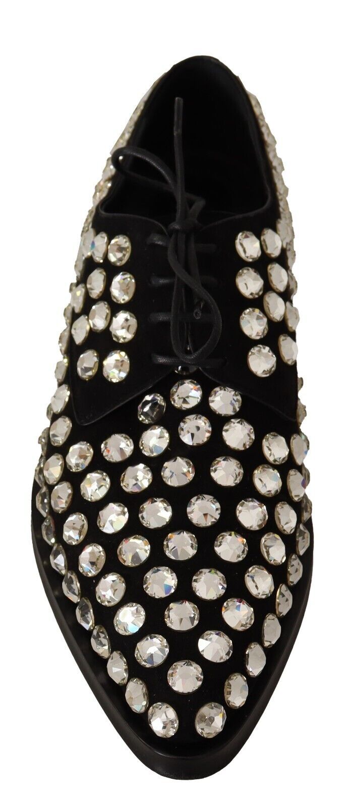 Black formal lace-up shoe in leather adorned with sparkling clear crystals all over.