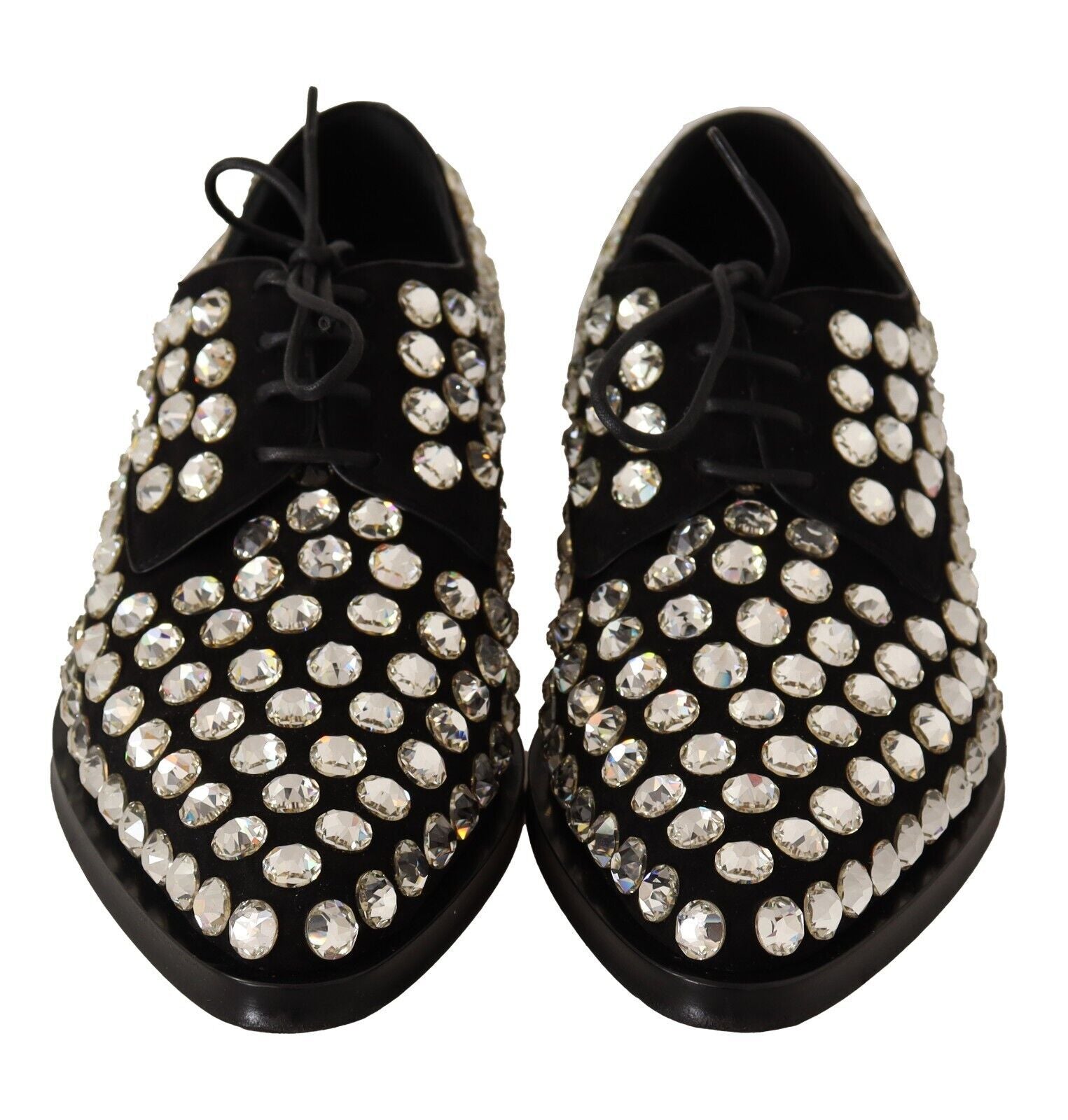 Black leather lace-up formal shoes embellished with large, round clear crystals.