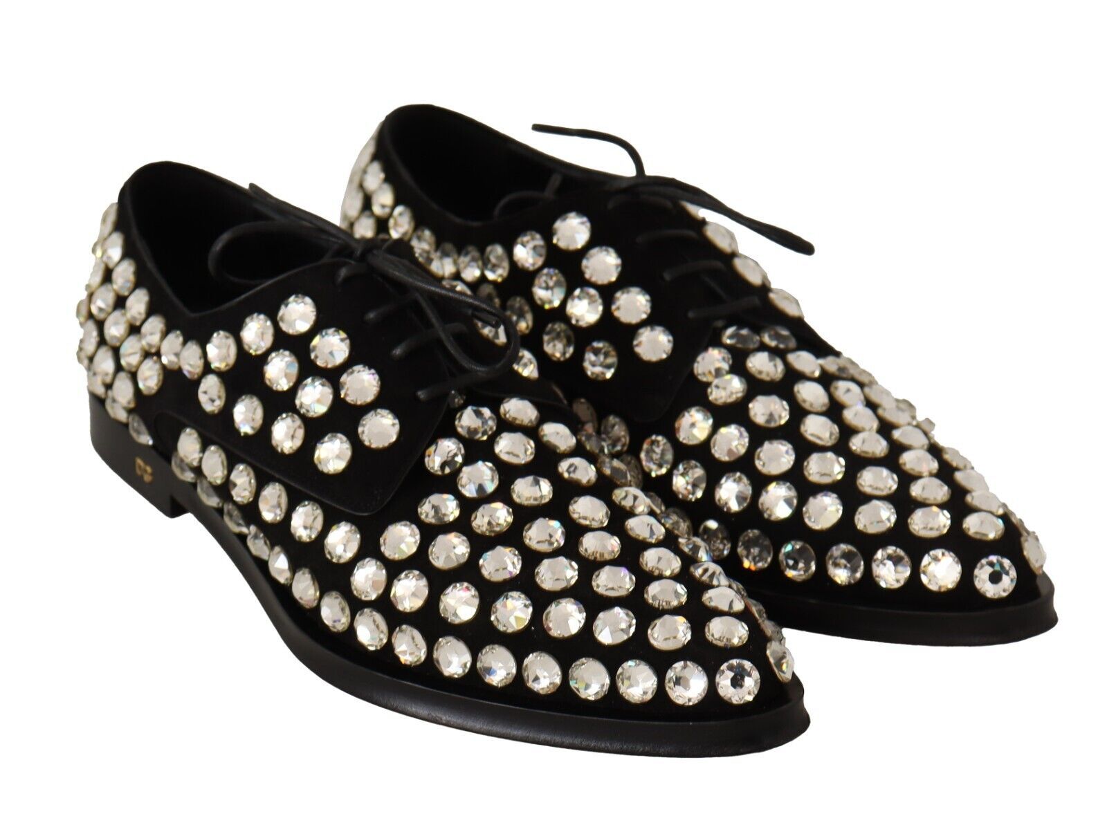 Black lace-up formal shoes in leather, fully embellished with sparkling round crystals.