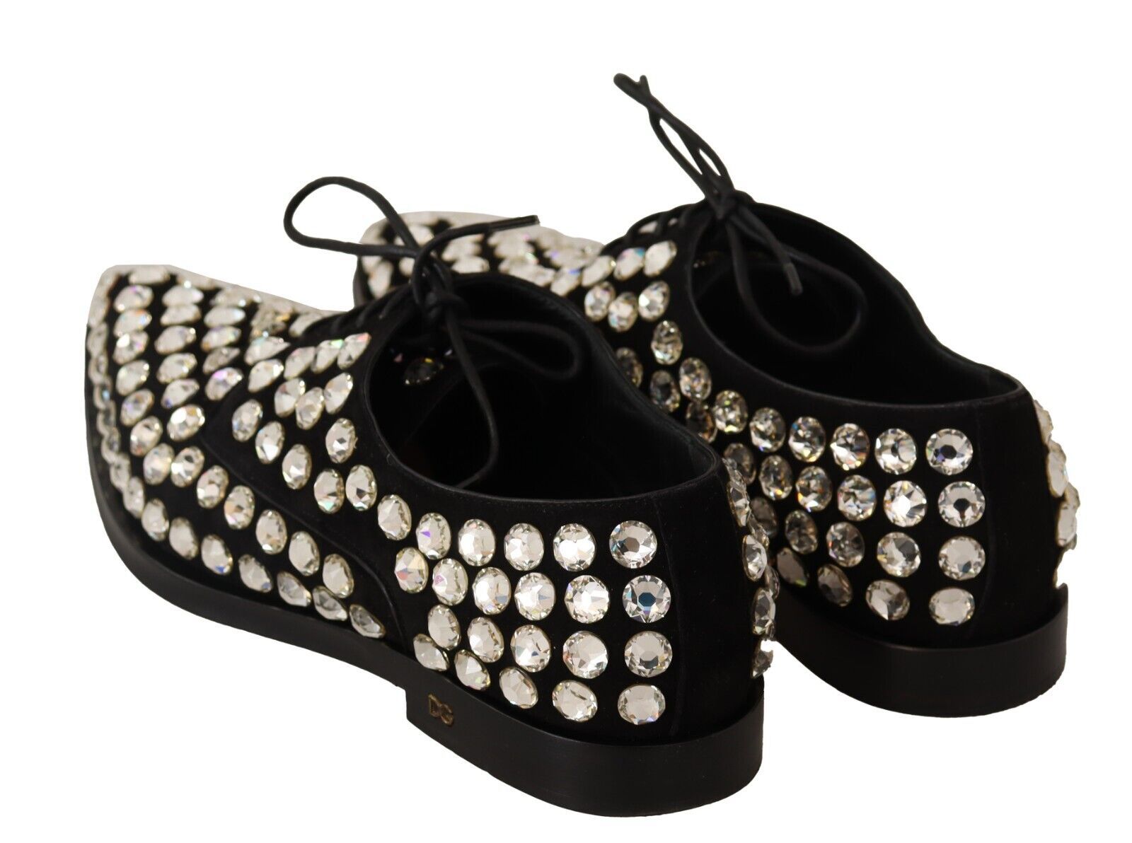 Black formal lace-up shoes in leather, fully embellished with sparkling round crystals.