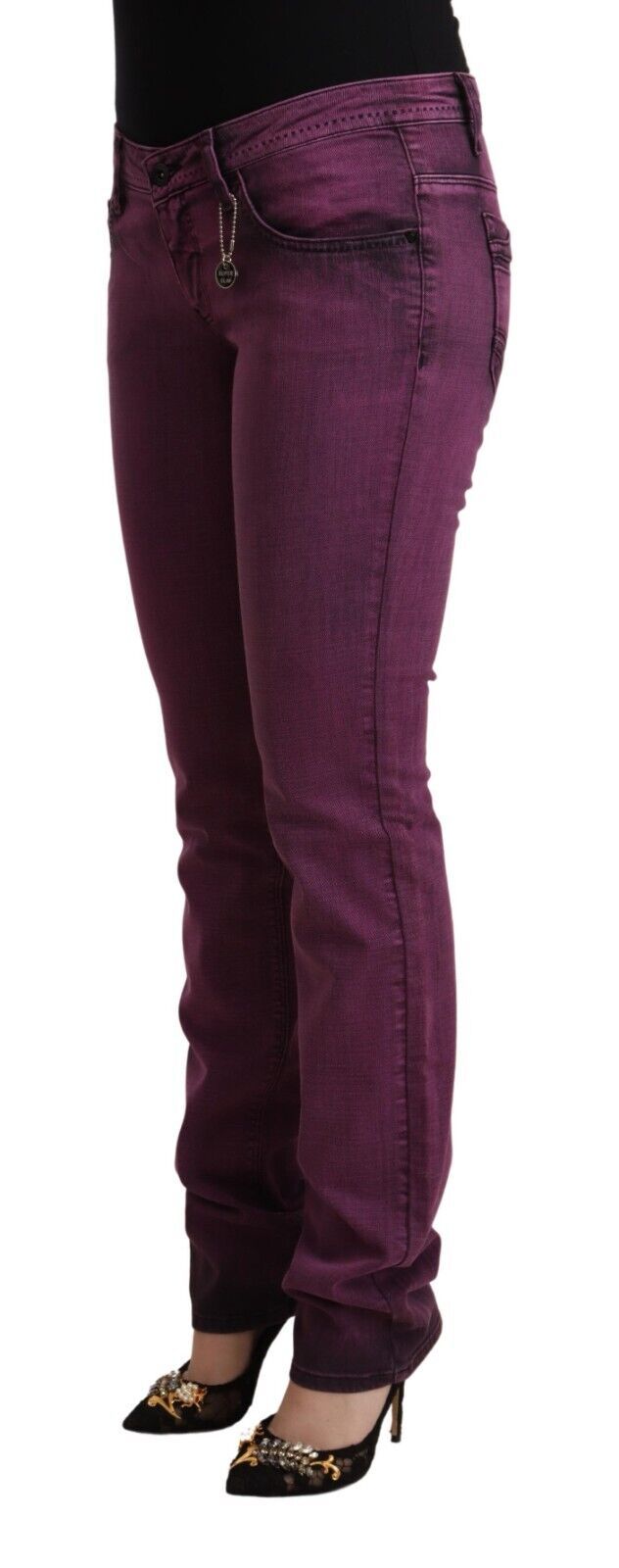 Purple cotton stretch slim fit denim jeans worn by a standing model