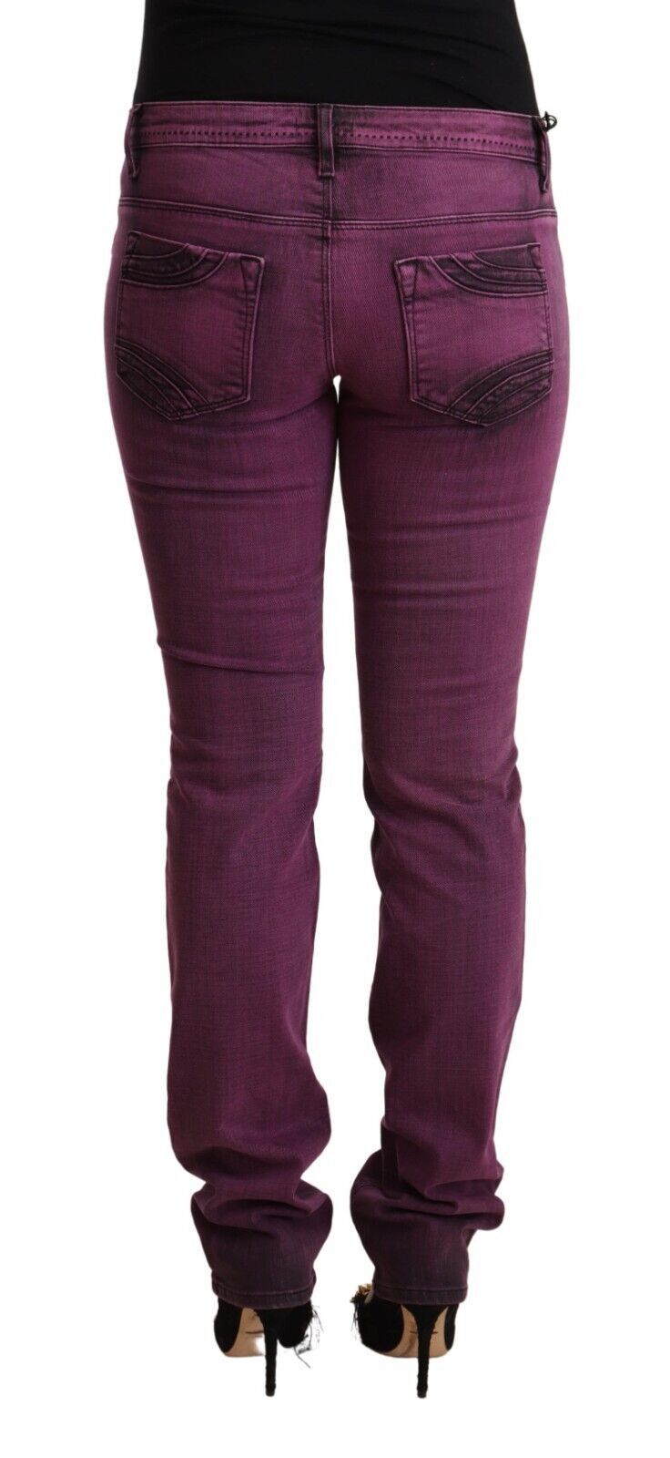 Purple stretch cotton slim fit denim jeans shown from the back